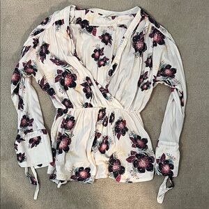 Free People Floral Wrap Blouse - Cream and Purple